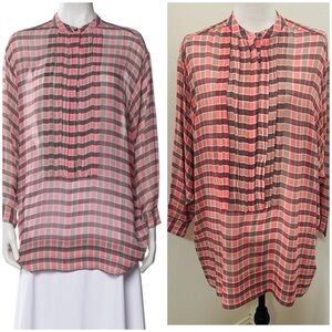 Burberry Brit Vintage 100% Silk Peony Check Plaid Blouse Small Women’s Pink Grey